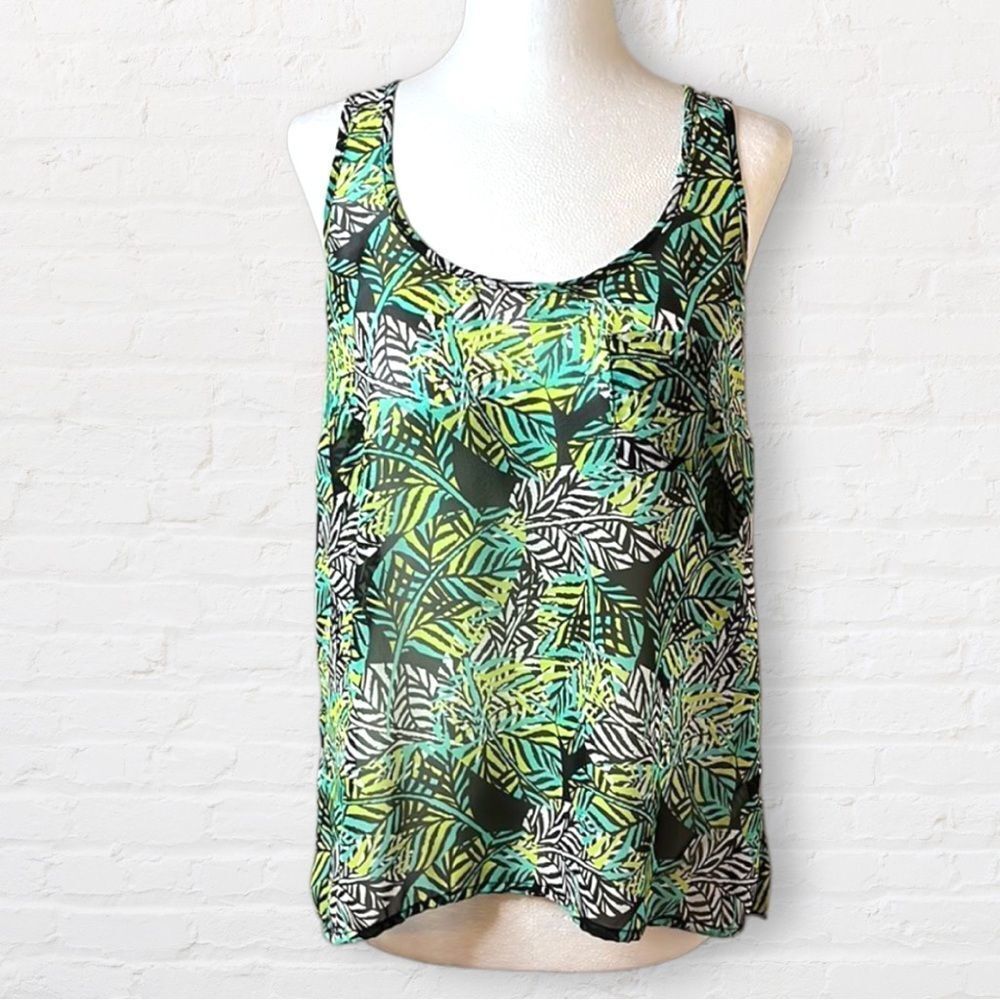 AEROPOSTALE green and black leaf motif sheer bare shoulder pleated back size S